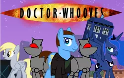 Size: 866x548 | Tagged: safe, artist:fedora, derpibooru import, derpy hooves, doctor whooves, princess luna, time turner, pegasus, pony, fanfic, christopher eccleston, doctor who, female, mare, ninth doctor, robots, tardis