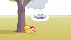 Size: 900x500 | Tagged: safe, artist:hotdiggedydemon, derpibooru import, apple bloom, applejack, earth pony, pony, dialogue, duo, female, jappleack, mare, relaxing, sisters, speech bubble, tree, under the tree