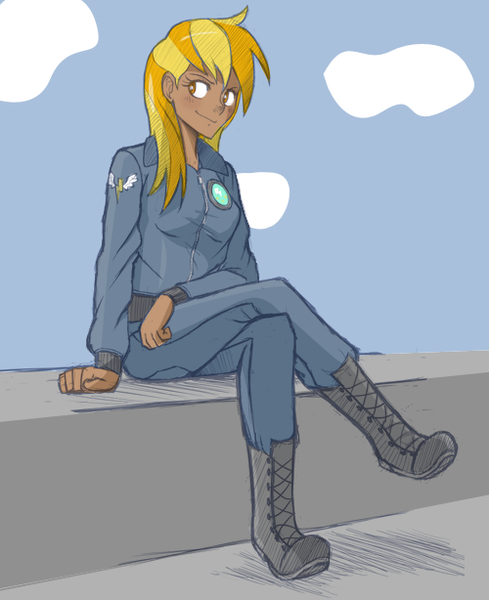 Size: 500x614 | Tagged: artist:allosaurus, artist:sallymon, clothes, derpibooru import, humanized, jumpsuit, lightning dust, safe, shiny, wonderbolts