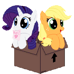 Size: 300x300 | Tagged: safe, artist:tomdantherock, derpibooru import, applejack, rarity, earth pony, pony, unicorn, :p, animated, annoyed, box, cardboard box, cute, daaaaaaaaaaaw, ear twitch, eye shimmer, eyes closed, female, freckles, glare, grin, hnnng, jackabetes, mare, mouth hold, note, open mouth, puppy dog eyes, raribetes, sad, silly, silly pony, simple background, smiling, squee, tongue out, transparent background