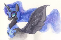 Size: 4464x2962 | Tagged: safe, artist:arurein, derpibooru import, nightmare moon, alicorn, pony, ethereal mane, female, helmet, jewelry, lidded eyes, looking at you, mare, regalia, simple background, solo, spread wings, starry mane, traditional art, watercolor painting, white background, wings