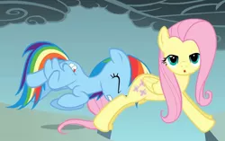 Size: 1280x806 | Tagged: safe, derpibooru import, screencap, fluttershy, rainbow dash, pegasus, pony, dragonshy, butt touch, faceful of ass, female, lidded eyes, mare, out of context, pushing, rump push