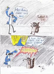 Size: 2492x3380 | Tagged: artist:takedapie, barely pony related, comic, crossover, derpibooru import, grand galloping gala, mordecai, mordecai and rigby, regular show, rigby, safe, tickets, traditional art