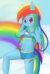 Size: 1000x1476 | Tagged: ambiguous facial structure, anthro, artist:anonjg, belly button, bikini, breasts, clothes, delicious flat chest, derpibooru import, female, foal, midriff, pose, rainbow dash, safe, smiling, solo, swimsuit, young