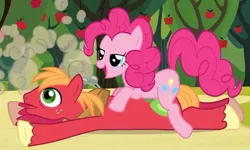 Size: 937x563 | Tagged: safe, derpibooru import, screencap, big macintosh, pinkie pie, earth pony, pony, too many pinkie pies, male, out of context, pinkiemac, shipping, stallion, straight, surprise buttsex