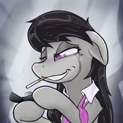 Size: 2048x2048 | Tagged: safe, artist:slackerburst, derpibooru import, octavia melody, earth pony, pony, cigarette, crying, female, lighter, mare, rain, sad, smiling, smoking, solo