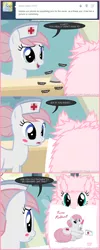 Size: 660x1645 | Tagged: artist:mixermike622, bell, blushing, derpibooru import, drawing, hospital, nurse redheart, oc, oc:fluffle puff, safe, syringe, tumblr:ask fluffle puff