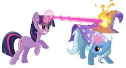 Size: 10621x5770 | Tagged: absurd resolution, artist:lykas13, derpibooru import, dodge, fight, fire, laser, magic, magic blast, safe, simple background, transparent background, trixie, twilight sparkle