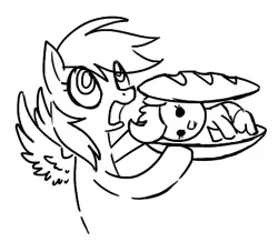 Size: 427x373 | Tagged: artist:reuniclus, baby, california cheeseburger, cannibalism, cream puff, filly, foal, food, horse meat, imminent vore, meat, monochrome, parody, pony as food, rainbow dash, safe, sandwich, the simpsons