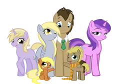 Size: 866x582 | Tagged: amethyst star, artist:moostargazer, child, clothes, colt, derpibooru import, derpy hooves, dinky hooves, doctorderpy, doctor whooves, family, filly, foal, male, necktie, oc, oc:cloud, oc:windancer, offspring, parent:derpy hooves, parent:doctor whooves, parents:doctorderpy, safe, scarf, shipping, simple background, straight, time turner, transparent background