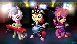 Size: 1000x570 | Tagged: apple bloom, artist:willdrawforfood1, band, concert, costume, cutie mark crusaders, derpibooru import, keyboard, microphone, musical instrument, playing, safe, scootaloo, show stopper outfits, sweetie belle, the show stoppers