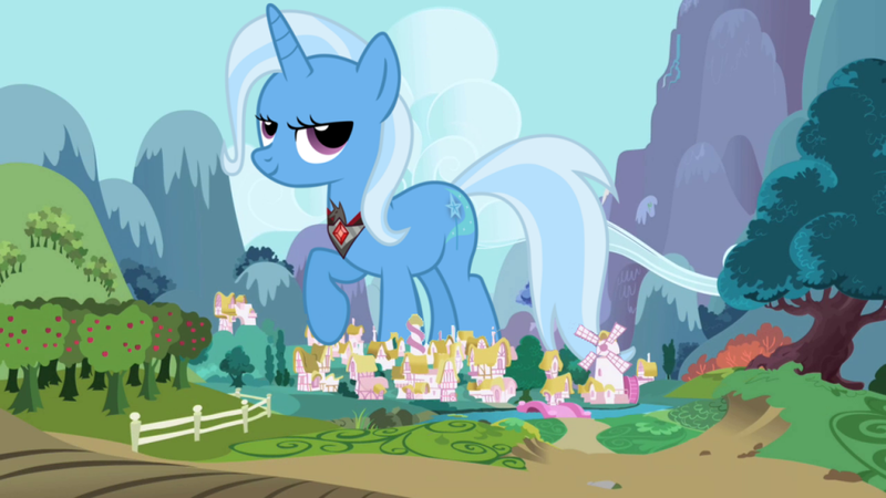 Size: 1024x576 | Tagged: safe, derpibooru import, trixie, pony, magic duel, alicorn amulet, giant pony, giantess, macro, mega trixie, ponyville