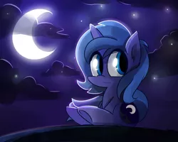 Size: 2000x1600 | Tagged: safe, artist:kty159, derpibooru import, princess luna, pony, unicorn, chibi, cloud, cloudy, crescent moon, female, filly, looking back, moon, night, night sky, sitting, sky, solo, starry night, transparent moon, underhoof, woona, younger