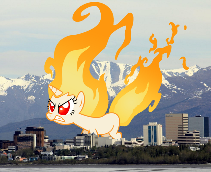 Size: 1128x920 | Tagged: safe, derpibooru import, twilight sparkle, pony, rapidash, alaska, anchorage, angry, city, fire, fire head, giant pony, giantess, highrise ponies, macro, mane of fire, ponies in real life, rage, rampage, rapidash twilight, twizilla