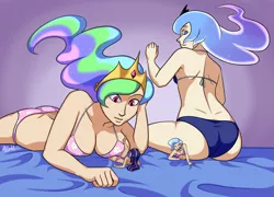 Size: 2837x2043 | Tagged: artist:7nights, bikini, breast crush, breasts, busty princess celestia, butt crush, clothes, derpibooru import, female, females only, giantess, giant human, giantlestia, human, humanized, looking down, macro, micro, princess celestia, princess luna, shrunk, sitting, sitting on person, size difference, smirk, suggestive, swimsuit, trixie, twilight sparkle