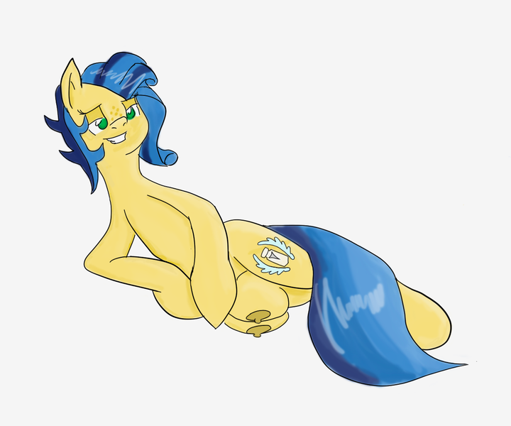 Size: 1200x1000 | Tagged: questionable, artist:cheers, derpibooru import, oc, oc:milky way, unofficial characters only, pony, bedroom eyes, crotchboobs, female, grin, impossibly large crotchboobs, mare, nipples, nudity, side, simple background, solo, solo female