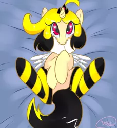Size: 700x768 | Tagged: safe, artist:kikiluv17, derpibooru import, oc, unofficial characters only, alicorn, bee, bee pony, original species, pony, alicorn oc, animal costume, bed, bee costume, clothes, costume, cute, laying on bed, lying, mattress, monster mare, socks, solo, striped socks, wings