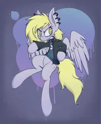 Size: 1280x1571 | Tagged: safe, artist:w300, derpibooru import, derpy hooves, oc, oc:jerky hooves, pegasus, pony, angry, clothes, solo