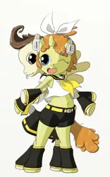 Size: 900x1440 | Tagged: safe, artist:wingflyte, derpibooru import, pound cake, pumpkin cake, pony, belly button, bipedal, clothes, colt, filly, kagamine len, kagamine rin, midriff, older, vocaloid