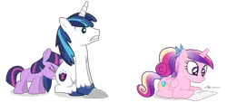 Size: 1650x750 | Tagged: artist:dm29, butt touch, cute, derpibooru import, filly, princess cadance, pushing, rump push, safe, shining armor, shipper on deck, simple background, transparent background, trio, twilight sparkle, twilight the shipper