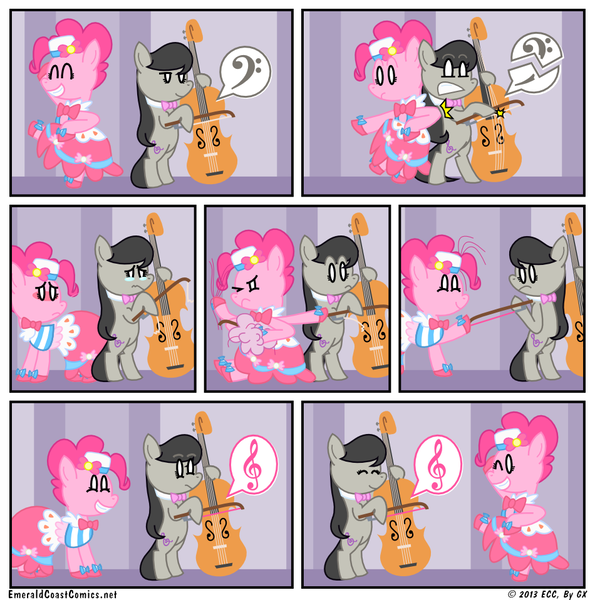 Size: 950x958 | Tagged: artist:gx, broken string, cello, clothes, comic, derpibooru import, dress, horsepower, musical instrument, octavia melody, pinkie pie, playing, safe