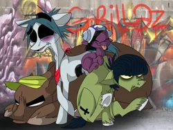 Size: 1024x768 | Tagged: 2-d, artist:azurephobia, derpibooru import, gorillaz, murdoc, noodle, ponified, russel, safe