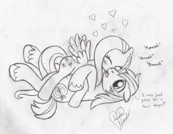 Size: 2168x1683 | Tagged: safe, artist:marindashy, derpibooru import, big macintosh, fluttershy, earth pony, pony, cute, fluttermac, heart, male, monochrome, shipping, shyabetes, stallion, straight