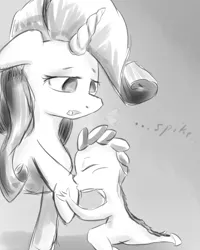 Size: 831x1039 | Tagged: safe, artist:ruby, derpibooru import, rarity, spike, 30 minute art challenge, grayscale, kissing, monochrome, shipping, sparity