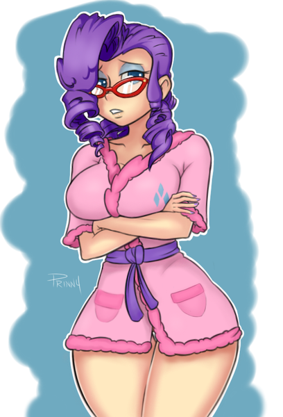 Size: 550x808 | Tagged: artist:viewtifuljoex, bathrobe, breasts, busty rarity, clothes, derpibooru import, female, glasses, hips, human, humanized, rarity, robe, solo, solo female, suggestive