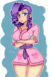 Size: 550x808 | Tagged: artist:viewtifuljoex, bathrobe, breasts, busty rarity, clothes, derpibooru import, female, human, humanized, rarity, robe, solo, solo female, suggestive