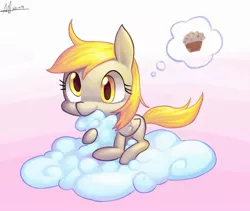 Size: 2200x1857 | Tagged: safe, artist:jggjqm522, derpibooru import, derpy hooves, pegasus, pony, cloud, female, mare, muffin, solo, thought bubble