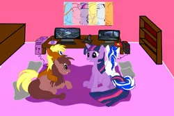 Size: 1024x683 | Tagged: artist:profbropo, blanket, derpibooru import, oc, safe, sitting, sleepover, twilight sparkle, video game