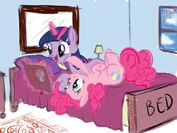 Size: 1280x960 | Tagged: safe, artist:eggsammich, derpibooru import, pinkie pie, twilight sparkle, :t, bed, bedroom, blanket, book, boop, cute, female, lamp, lesbian, magic, on back, open mouth, pillow, poking, reading, scrunchy face, shipping, smiling, squishy, squishy cheeks, telekinesis, twinkie, upside down, window