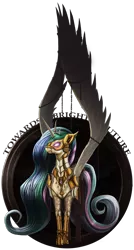 Size: 1600x2975 | Tagged: armor, artist:i-am-knot, bridle, chains, derpibooru import, glare, glowing eyes, large wings, mask, princess celestia, safe, solar empire, solo, spread wings