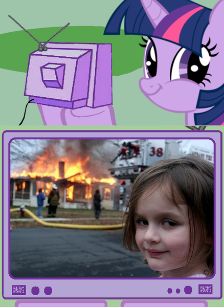 Size: 563x771 | Tagged: safe, derpibooru import, twilight sparkle, crossing the memes, disaster girl, exploitable meme, fire, meme, memeception, tv meme, twiface