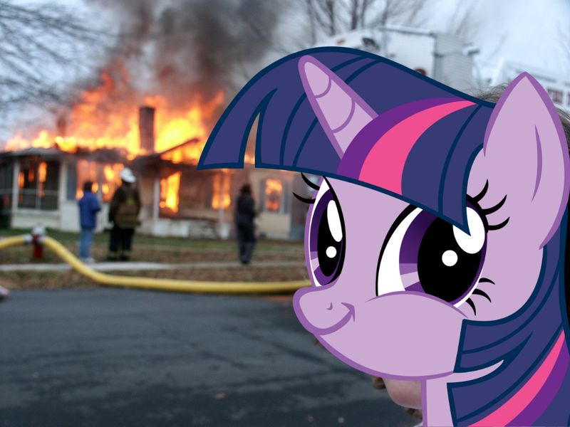 Size: 1024x768 | Tagged: crossing the memes, derpibooru import, disaster girl, edit, exploitable meme, fire, meme, memeception, safe, twiface, twilight sparkle