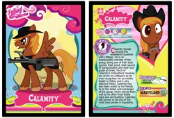 Size: 3100x2110 | Tagged: safe, artist:rinmitzuki, derpibooru import, oc, oc:calamity, unofficial characters only, pegasus, pony, fallout equestria, fanfic, battle saddle, fanfic art, gun, hat, male, stallion, text, trading card, weapon, wings