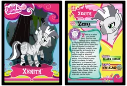 Size: 3100x2110 | Tagged: artist:rinmitzuki, derpibooru import, fallout equestria, fanfic, fanfic art, female, fillydelphia, mare, oc, oc:xenith, safe, scar, solo, text, trading card, unofficial characters only, zebra