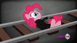 Size: 1920x1080 | Tagged: artist:greaterlimit, bondage, colored, derpibooru import, hooves, hub logo, mmmystery on the friendship express, peril, pinkie pie, rope, safe, tied to tracks, tied up, train tracks, unsexy bondage