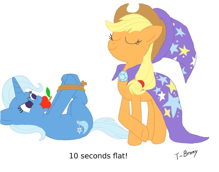 Size: 900x706 | Tagged: apple, apple gag, applejack, applejack hogtying trixie, artist:t-brony, bondage, derpibooru import, gag, rope, safe, trixie