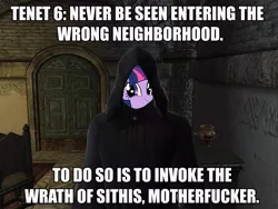 Size: 640x480 | Tagged: dark brotherhood, derpibooru import, image macro, impact, lucien lachance, meme, oblivion, roflbot, safe, text, the elder scrolls, twicien lightchance, twiface, twilight sparkle, vulgar, wrath of sithis, wrong neighborhood