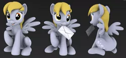 Size: 1335x618 | Tagged: safe, artist:hashbro, derpibooru import, derpy hooves, pegasus, pony, 3d, female, letter, mare, model, sitting, wings, wip