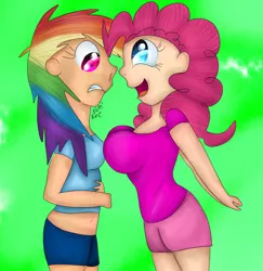 Size: 1372x1413 | Tagged: suggestive, artist:xcuteikinz, derpibooru import, pinkie pie, rainbow dash, asymmetrical docking, breast envy, breasts, busty pinkie pie, busty rainbow dash, female, females only, humanized, lesbian, pinkiedash, shipping