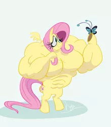 Size: 800x914 | Tagged: safe, artist:dodgyrommer, derpibooru import, fluttershy, butterfly, pony, bipedal, buff, muscles, muscleshy, overdeveloped muscles