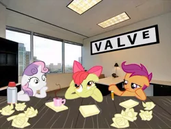 Size: 540x405 | Tagged: apple bloom, canteen, coffee, cutie mark crusaders, derpibooru import, notepad, paper, pencil, ponies in real life, safe, scootaloo, sweetie belle, table, valve