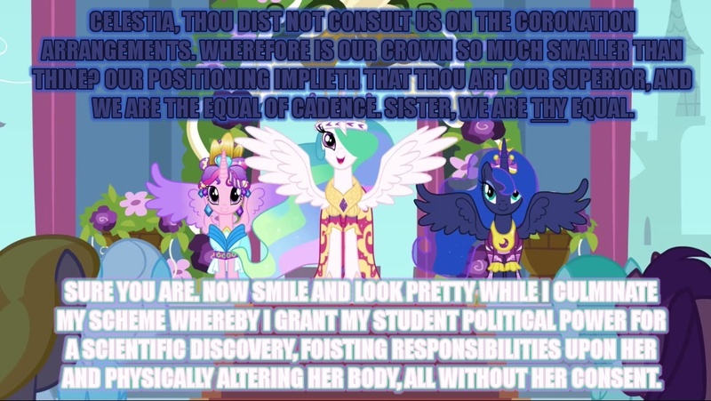 Size: 1136x640 | Tagged: alicorn drama, derpibooru import, image macro, princess cadance, princess celestia, princess luna, safe, trollestia, vice princess luna