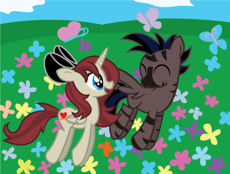 Size: 902x683 | Tagged: safe, artist:alisonwonderland1951, derpibooru import, oc, oc:akira, oc:stormy, unofficial characters only, alicorn, butterfly, hybrid, pony, zebra, zebroid, alicorn oc, bow, vector