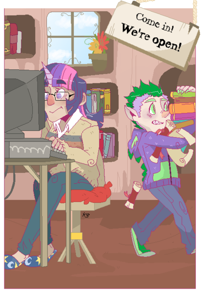 Size: 487x705 | Tagged: artist:stevetwisp, ask, ask twily and spike, carrying, clothes, computer, derpibooru import, glasses, humanized, library, pile, safe, spike, sweater, thick eyebrows, tumblr nose, twilight sparkle