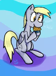 Size: 900x1224 | Tagged: safe, artist:voids-edge, derpibooru import, derpy hooves, pegasus, pony, eating, female, mare, muffin, nibbling, nom, solo