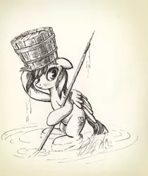 Size: 1480x1763 | Tagged: safe, artist:mcstalins, derpibooru import, rainbow dash, pegasus, pony, bucket, fishing, headbucket, monochrome, spear, water, weapon